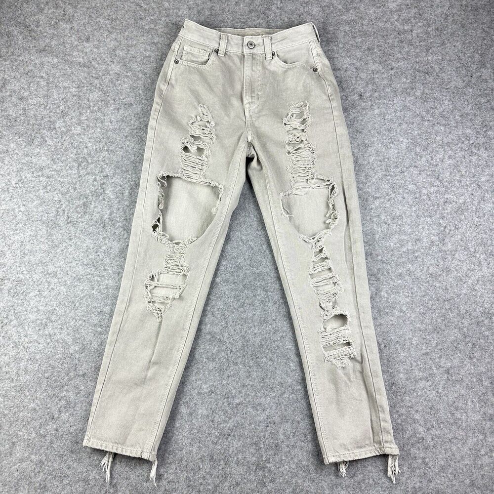 American Eagle Mom Jeans Womens 0R Gray Destroyed Grunge Edgy Stretch Denim